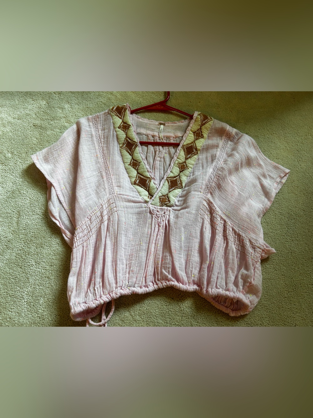 Free People Light Pink Cropped Peasant Blouse with Embroidered V-Neck